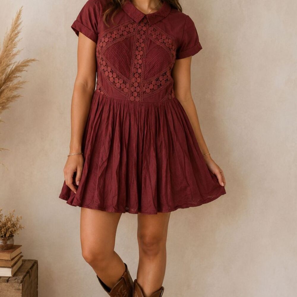 Free People Womens Dress Size 6 Boho Crochet Lace Fit Flare Mini